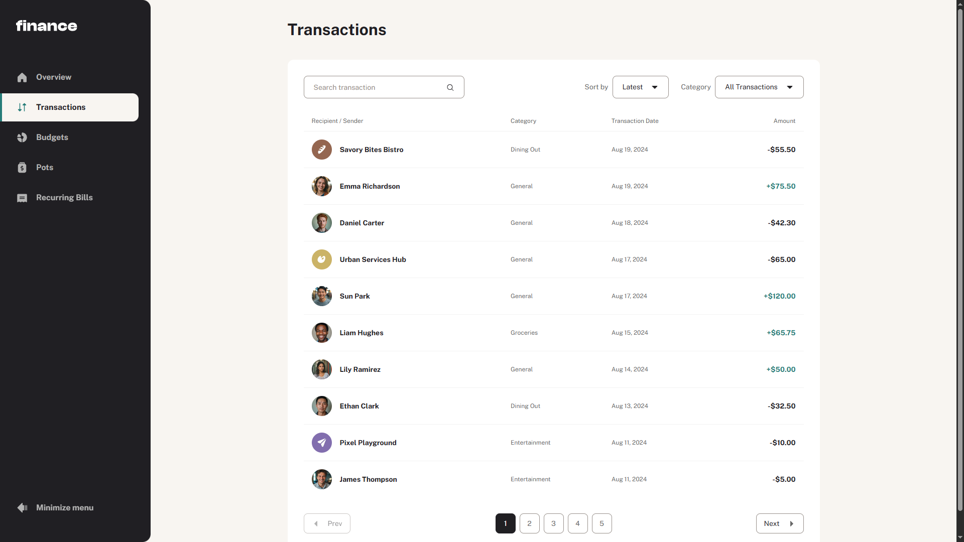 The transactions page